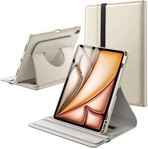 JETech Funda Giratoria para iPad Air 13 Pulgadas M3/M2 (2025/2024) con Soporte para Pencil, Fundas de Tablet, Carcasa Folio Cuero PU Rotación 360 Grados (Blanco Estrella)