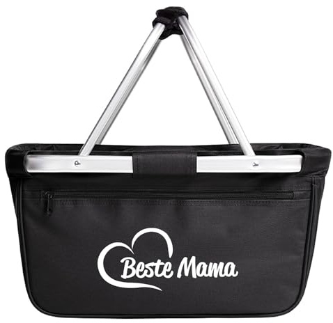 Huuraa Einkaufskorb Beste Mama Herz Geschenk | Schön als Picknick Korb oder Shopper 20 Liter Black faltbarer Tragekorb Schwarz Geschenkidee Einkaufstasche Aluminium Griff