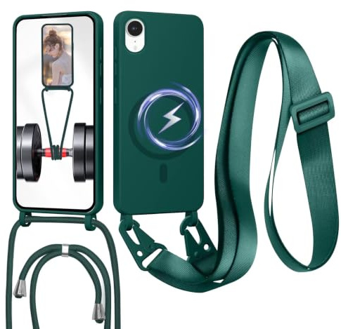 FERLAN Handykette mit Band für iPhone XR Hülle, Lanyard (abnehmbar) Handyhülle Case mit justierbarer Schnur Abnehmbar Strap, Crossbody Schutzhülle zum Umhängen Kordel, Dunkelgrün