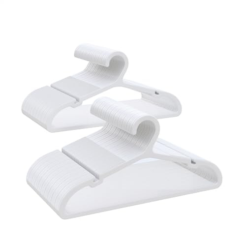 ABHENG 100 Stück Kinder-Kleiderbügel aus Kunststoff, Platzsparend Baby Bügel, Rutschfester Kinderkleiderbügel, Ultra-Schlanke, Premium-Qualität, 35B x 17,5H cm, Weiß, APY07100W