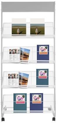 SuhoFutus Zeitschriftenständer, 4-Stufen Bodenstehender Zeitschriftenständer, Prospektständer mit Rädern, Zeitungsständer für Broschüren, Faltblätter und Zeitschriften, 63 × 36 × 148 cm, Silber