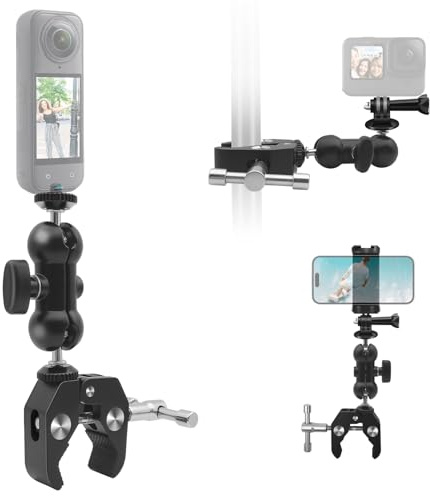 Metall Super Clamp 360°Dual Ballhead Magic Arm kompatibel für Insta360 X5 Heavy-Duty verstellbare Halterung kompatibel für GoPro, Osmo 360 Osmo Nano,Telefon, Motorrad Fahrrad Lenker Vlogging Zubehör