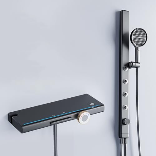 XJTNLB Badewannenarmatur mit Handbrause Wasserfall Armatur Badewanne Grau Duschstange Ablage mit LED-Digitalanzeige