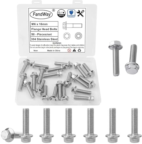 FandWay 50 Pièces Boulons A Bride Hexagonale,M6x16mm Vis à Tete Hexagonale avec à Bride,Vis Boulons a Bride en Acier inoxydable A2 (V2A / 304) .Filetage Complet,Pas de Filetage de 1,0 mm.