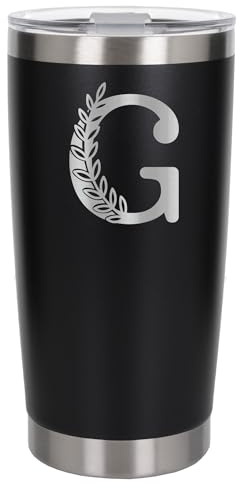 Customised Gifts 500ml Engraved Floral Initial Monogram Insulated Personalised Black Travel Mug for Men and Women - Personalised Initial Coffee Travel Mug for Hot and Cold Beverages, Letter G