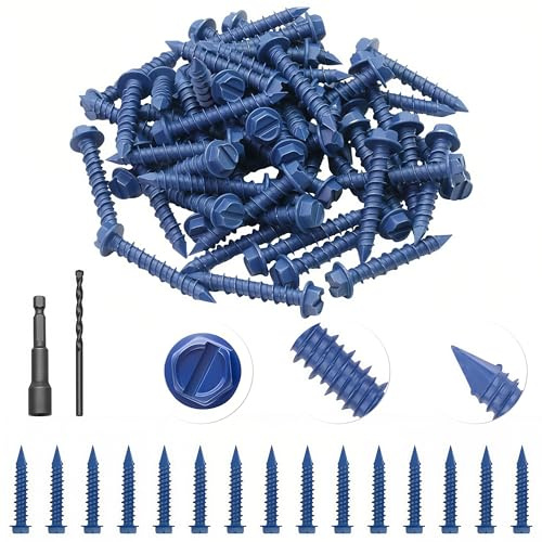 Mostantu 60Pcs 3/16x1-1/4 Concrete Screws with Drill Bit and Driver bit Kit, Hex Head Concrete Cement Screws Anchor for Anchoring to Masonry, Block or Brick Stucco (3/16x1-1/4)