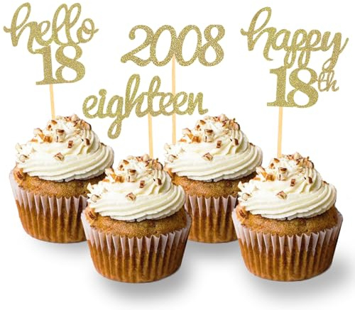 24 Stück 18. Geburtstag Cupcake Topper 18 von 2008 für 18. Geburtstag Junge | Gold Geburtstagsdeko 18, Glitzer 18 Geburtstagsfeier Zubehör Party Dekoration Kuchendekoration