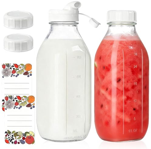 Lot De 2 Bouteilles De Lait En Verre, Bouteilles Carrées En Verre, Carafe À Lait, Avec Couvercles Hermétiques, 1 Litre, Réutilisables Pour Le Stockage Du Lait, Du Jus, Du Miel, De L'eau, Transparent