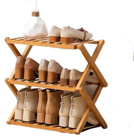 unbholkk 3 Ebenen Faltbares Schuhregal, Schuhregal Platzsparend Holz, Freistehendes Schuhregal für Eingangsbereich, Kleiderschrank, Ecke, Schlafzimmer, Flur (Naturholzfarbe)
