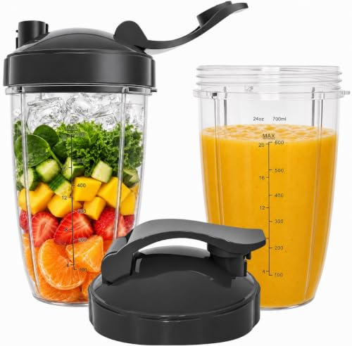 18/24/32OZ Replacement Cups Compatible with Nutribullet 600w/900w Blender | Replacement Set with 2 Flip Top To-Go Lids and 2 Lid Rubber Gaskets