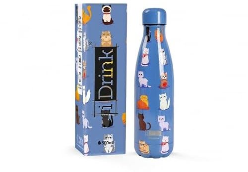 IDRINK Borraccia Termica 500 ml BLUE CATS, Blu con Motivo Gatti