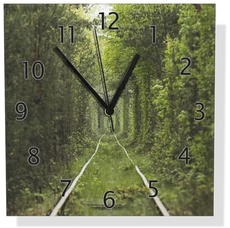 Wallario Design Wanduhr Verwunschener Tunnel aus Bäumen aus Aluverbund, Alu-Uhr Größe 30 x 30 cm, Schwarze Zeiger mit Metalloptik