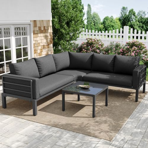 DHWDS Gartenmöbel Set Eckbank L-Form für 4-5 Personen mit 10cm Polster & 70,5cm Rückenlehne, Terrassenmöbel Balkonmöbel inkl. Glas-Couchtisch & waschbaren Bezügen, wetterfest flach verpackt 2 Kartons
