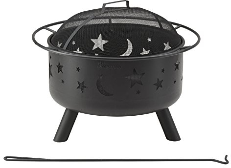 LANDMANN Feuerkorb Stars and Moon | Mit Meshgitter zum Schutz vor Funkenflug | Massive Stahlkonstruktion mit umlaufendem Tragerand | Inkl. Abdeckhaube & Schürhaken | 75 x 60 x 60 cm [Schwarz]