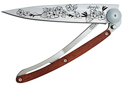 Deejo Taschenmesser TATTOO KIRSCHBLÜTE, Stahl AISI 420, Liner Lock, Rosenholz-Schalen, Gürtelclip, Deejo-Box