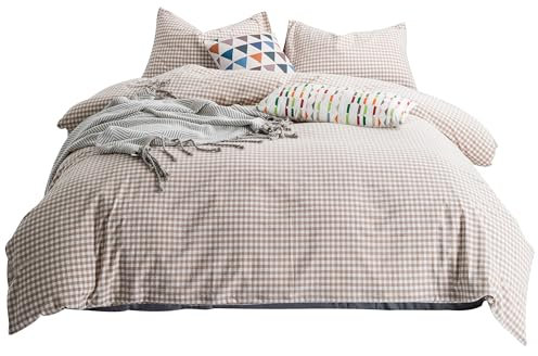 SUSYBAO Parure de lit 3 pièces avec Housse de Couette à Carreaux 100% Coton délavé – 1 Housse de Couette Douce à Carreaux avec Attaches à Fermeture éclair et 2 taies d'oreiller – Beige