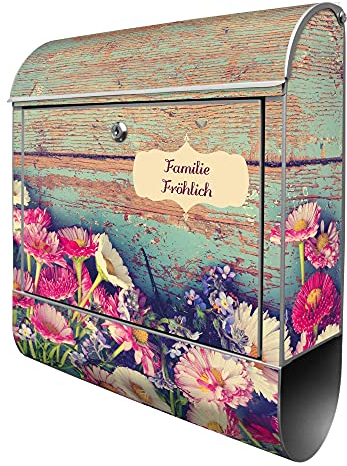 banjado® Design Briefkasten personalisiert Blumenpfücken 38,5x46,5x13cm & 2 Schlüssel - Briefkasten Stahl Silber Zeitungsfach pulverbeschichtet - Postkasten A4 Einwurf inkl. Montagematerial