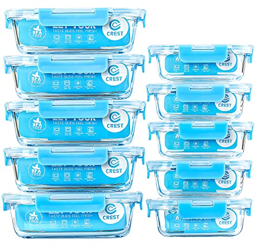C CREST 10er-Set Glas-Frischhaltedosen, luftdicht, BPA-Frei, Geeignet für Mikrowelle, Gefrierschrank und Spülmaschine
