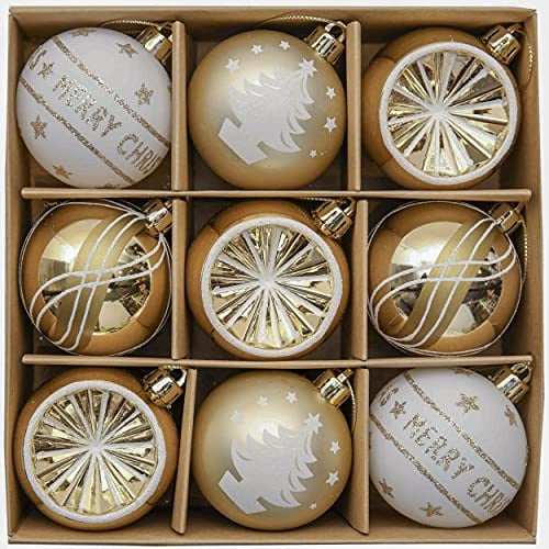 Valery Madelyn Weihnachtskugeln 9 Stücke 6CM Kunststoff Christbaumkugeln Weihnachtsdeko mit Aufhänger Baumschmuck für Weihnachtsdekoration Gold Weiß Elegant Thema