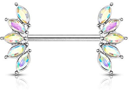beyoutifulthings Brustwarzen-Piercing Kristall-Fächer Brust-Piercing Nippel-Piercing Chirurgenstahl Silber Regenbogen Stab 1,6/16mm