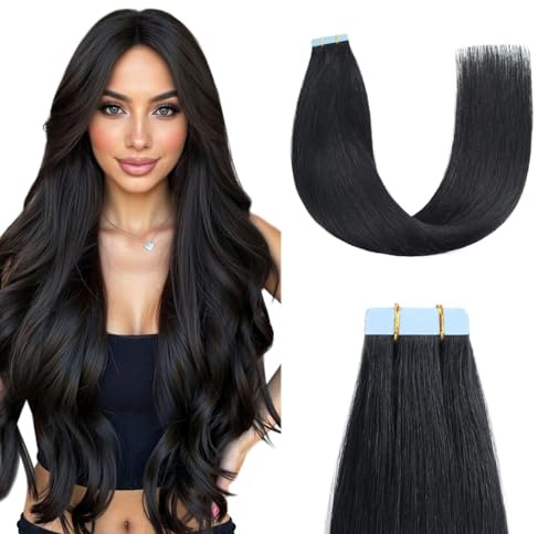 Sunya Tape Extensions Echthaar Tiefschwarz 35cm 40g/Pack 20 Stück | Natürliche Echthaar Haarverlängerungen Invisible Seidig Gerade Skin Weft Tape Ins Extensions