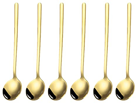 Glosoni Gold Plated Stainless Steel Espresso Spoons Stainless Steel Dessert Long Handle Stirring Teaspoons.Coffee Spoons 6 Pcs,(Gold)