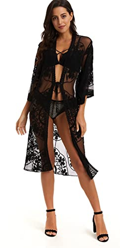 marysgift Women's Swim Cover-ups & Sarongs UK Floral Crochet Beachwear 3/4 Sleeve Cardigan Bathing Suit Lace Kimono Size 6-20