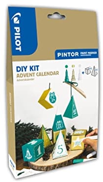 PILOT PINTOR DIY Adventskalender zum Befüllen – Bastel-Set mit 3x Kreativmarker und 24 individuell gestaltbaren Pappschachteln zum Falten, weihnachtliche Farben Grün, Gold und Weiß