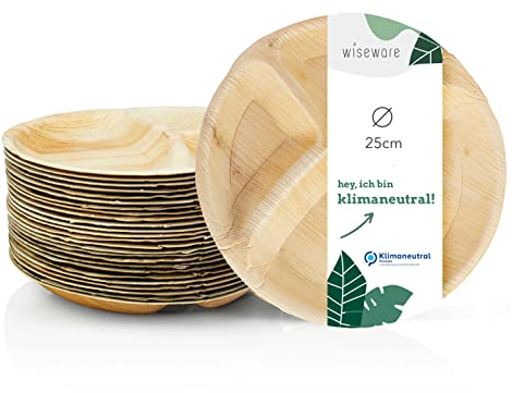 wisefood Lot de 100 assiettes jetables en feuille de palmier - Diamètre : 25 cm - Biodégradables - Avec 3 compartiments - Idéales comme assiettes jetables ou assiettes de fête.