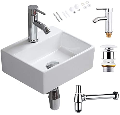 CROSS ZEBRA Rectángulo Lavabo Fregadero con Grifo, Residuos, P-Trap Montado en la Pared Alta Temperatura Calcinación Cerámica Recipiente Blanco Diseño Simple Superficie Brillante Fácil de Limpiar para