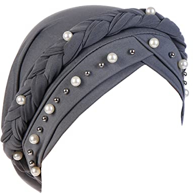 LIUPUUDLY Turban Damen Chemo Mode Kopftuch Kopfbedeckung mit Perle Beanie Mütze Haarausfall Hut Schlafmütze (Grau)