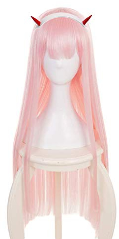 ydound Anime Coser Perücke Zero Two Wig, DARLING IN THE FRANXX Zero Two 002 Cosplay Perücke mit Hörnern & Perückenkappe, lange gerade rosa Anime Cosplay Perücke (Farbe: Zero Two 002)
