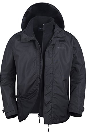 Mountain Warehouse Fell Mens 3 in 1 Water Resistant Jacket - Adjustable Coat with Packaway Hood, Detachable Inner Fleece & Many Pockets - For Hiking & Outdoors Black L
