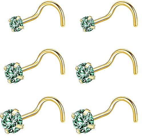 PunkTracker Lot de 6 piercings de nez en acier chirurgical 20 g Noir/doré 2 mm, 2,5 mm, 3 mm, Métal