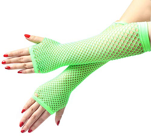 PTNKUIIY Damen Lange Netz Handschuhe,Frauen Fingerlose Fischnetz Lange Handschuhe Elastische Nylon Mesh Handgelenk Handschuhe Abendhandschuhe für 80er Jahre Mottoparty Kostüm Zubehör Halloween,Grün