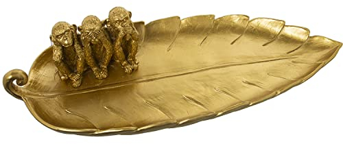 Vaciabolsillos Bandeja Hoja con Monos de la sabiduria Resina Dorado 45x17x10cm