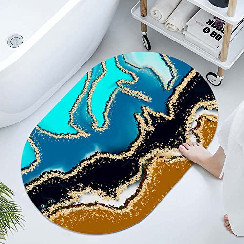 Kieselgur Badematte mit goldenem Glitzer mit Schattierungen, Marmor, oval, weich, knitterfrei, rutschfest, Volumen, super saugfähig, schnell trocknend, für Badezimmer, Küche, Fußmatte (43 x 70 cm)