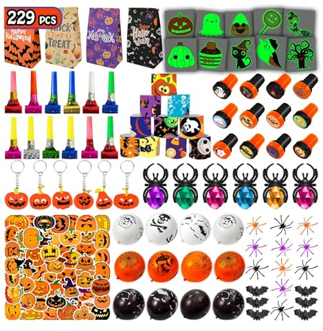 Leesgel Decorazioni Halloween, 229 Pezzi Sacchetto Caramelle/Palloncino/Braccialetto/Timbro/Ragno/Pipistrello/Tatuaggi/Stickers, Gadget Regalo Festa Compleanno Accessori Giochi