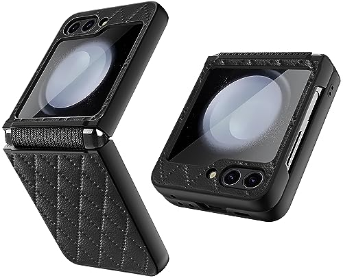MiRowy Hülle für Samsung Galaxy Z Flip5 5G, Folable Handyhülle mit Panzerglasfolie Kamera Displayschutzhülle, [Scharnierschutz] 360 Grad PC + Leder Schutzhülle für Samsung Galaxy Z Flip 5 5G - Schwarz