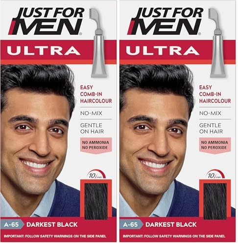 Just For Men Ultra Darkest Black Hair Colour Dye, No Mix Comb-In Applicator to Comb Away The Greys, Ammonia & Peroxide Free – A65 (Pack of 2)