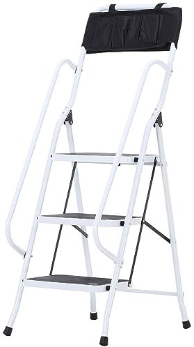 HOMCOM Escalera Plegable de 3 Peldaños Escalera de Tijera de Metal con Apoyabrazos y Portaherramientas Carga 150 kg 51x66x131 cm Blanco y Negro