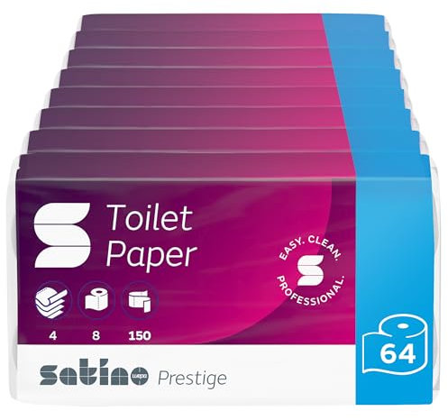 Satino Prestige Toilettenpapier 3-lagig – 64 Rollen – 150 Blatt pro Rolle – aus 100% Zellstoff - extra weiche, hochwertige Blätter – für Zuhause, Hotels, Gastronomie, Gewerbe, Industrie