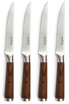 Excelsa Wood Set 4 Coltelli da Bistecca, Manico Effetto Legno, Acciaio INOX