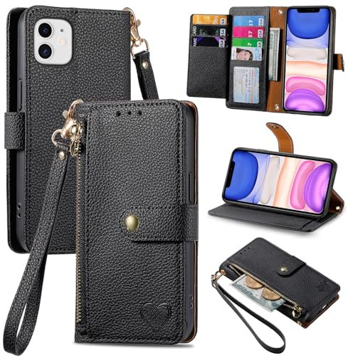 VEEMOS Zipper Wallet Case for Apple iPhone 11 Phone Case with Purse Card Holders RFID Blocking Leather Flip Case Book Cover Wrist Strap Women - Black