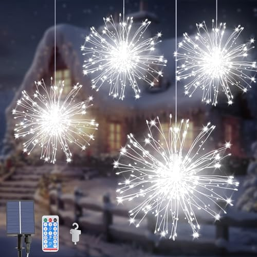 Acxilexy 4 Stück Solar Feuerwerk Lichterkette, 480 LEDs Wasserdicht Hängende Lichter, 8 Modi Mit Fernbedienung, Kupferdraht Lichter für Außen Garten Baum Deko