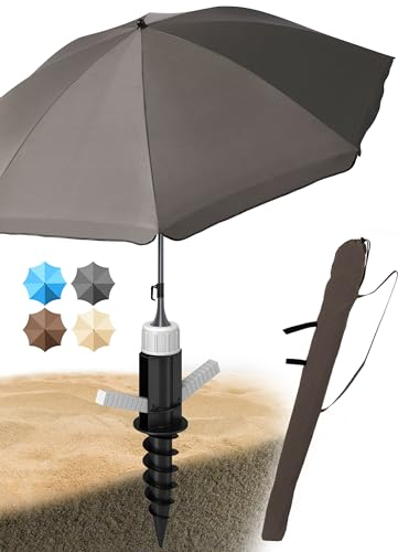 Menz Sonnenschirm Strand als Sonnenschutz Strand 3-IN-1 SET - UPF 50+ Strandschirm 180 cm in Taupe + stabile Sonnenschirm Bodenhülse + robuste Sonnenschirmhülle