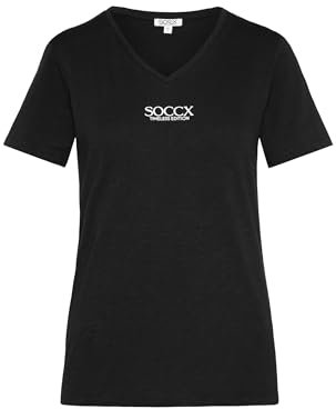 SOCCX Damen Basic T-Shirt mit V-Ausschnitt und Logo Black XXXL