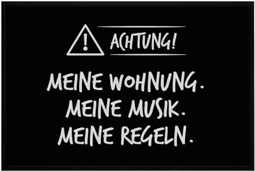 OM3® lustige Fußmatte mit Spruch - Achtung - Meine Wohnung, Meine Musik, Meine Regeln - rutschfest & waschbar - 60x40cm -