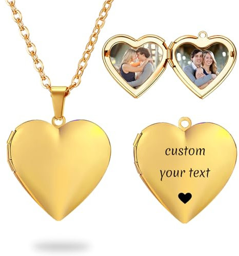 PHOCKSIN Gold Glossy Personalised Heart Locket Necklace Picture Locket Pendant Necklace Engraved Any Text & Symbols Customised Lockets Custom Photo Locket Necklace for Women