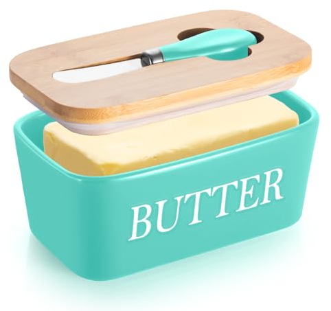 Osrioal Butter Dish with Lid, 650ml Ceramic Butter Dish, Porcelain Butter Container with Silicone Seals Cover and Knife, Ceramic Airtight Butter Keeper for Counter (Green) 